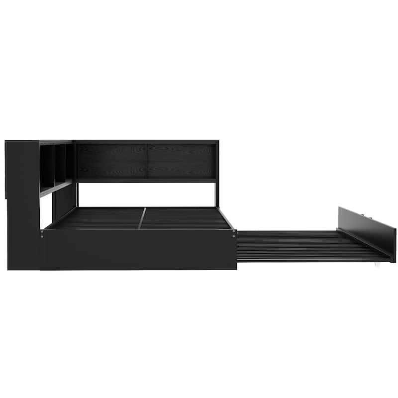 Metal Full Size Daybed with Storage Cabinets and USB Ports, L-Shaped Corner Platform Bed Frame with Pull-out Trundle Bed