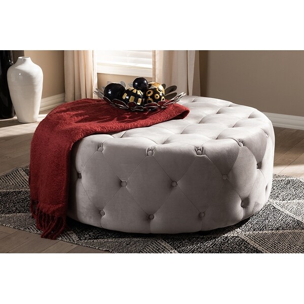Isaac Transitional Grey Velvet Fabric Button Tufted Cocktail Ottoman