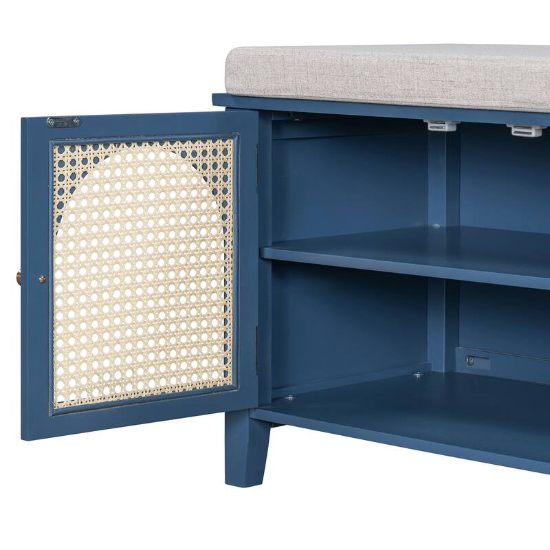 Wood Frame Bench with Shoe Storage, Shoe Bench with Rattan Arched Door and 2 Drawers Entryway Fabric Upholstered Bench