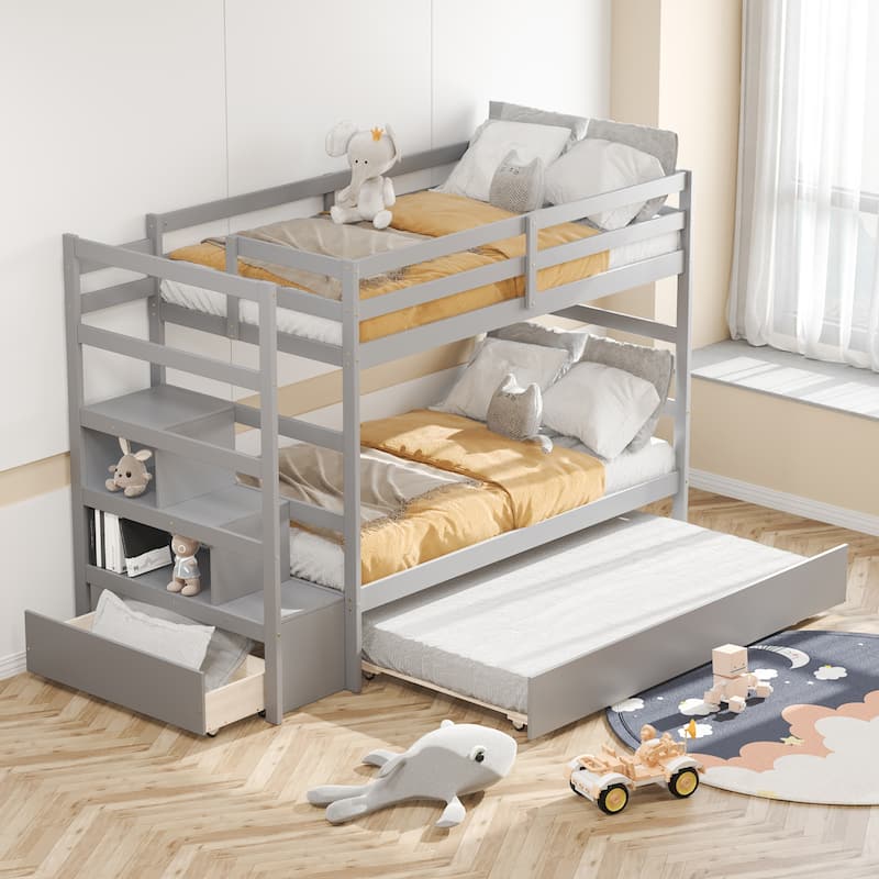 Costway Twin Over Twin Bunk Bed with Trundle Stairway and Storage - 39'' x 75'' - Grey