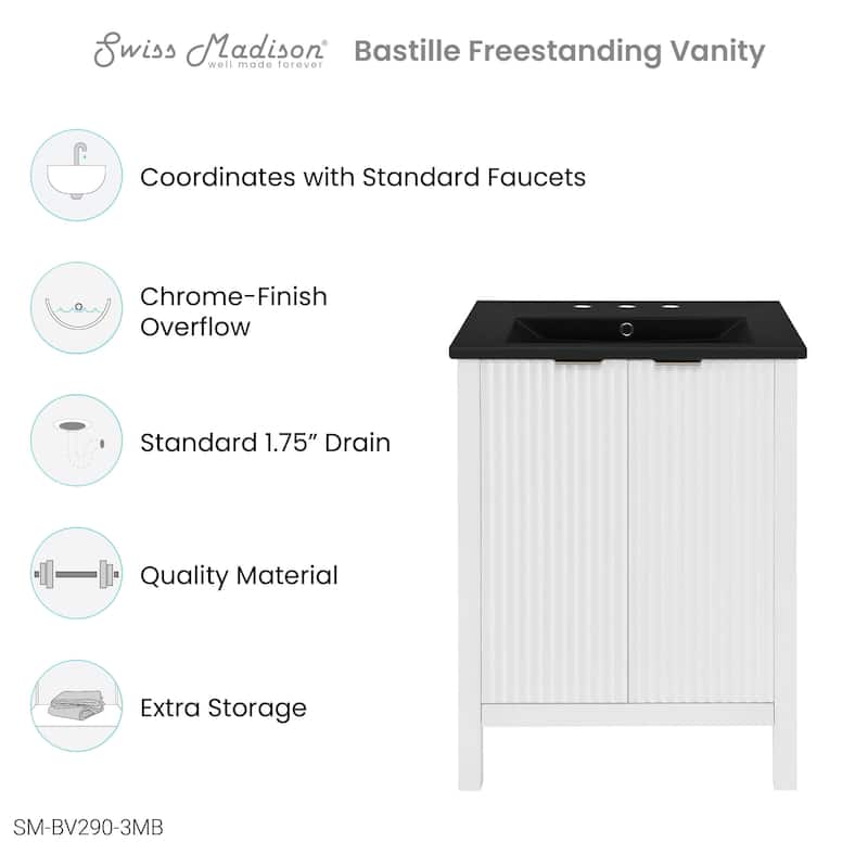 Bastille 24 In. White Bathroom Vanity With Black, 3-Hole Ceramic Sink Top