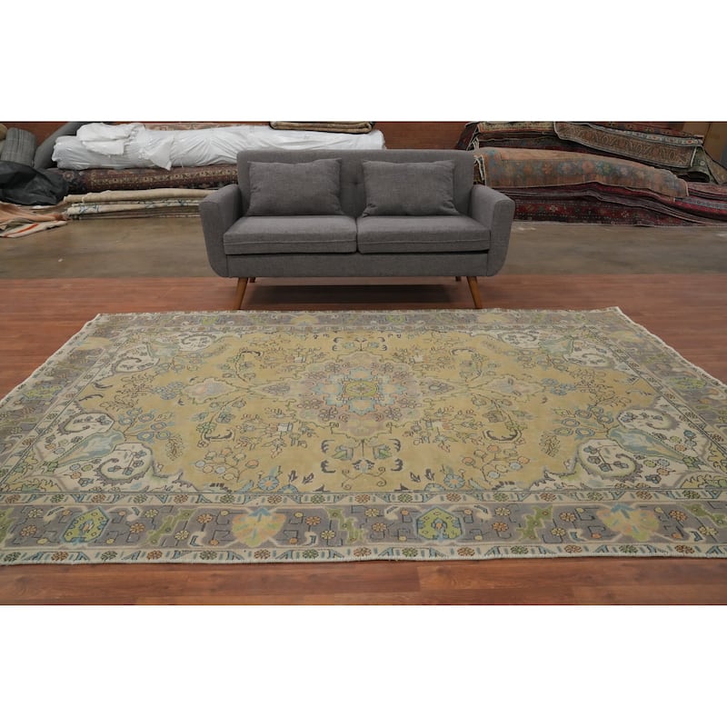 Hand Knotted Oriental 100% Wool Carpet Traditional Floral Yellow & Gold Tabriz Area Rug - 9' 4'' X 6' 7''