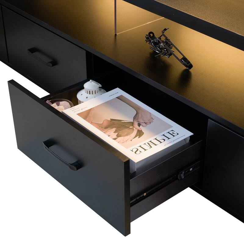 Modern TV Stand Entertainment Center for TVs up to 80" with 4-Drawer and 2 Open Shelves, for Living Room, Black