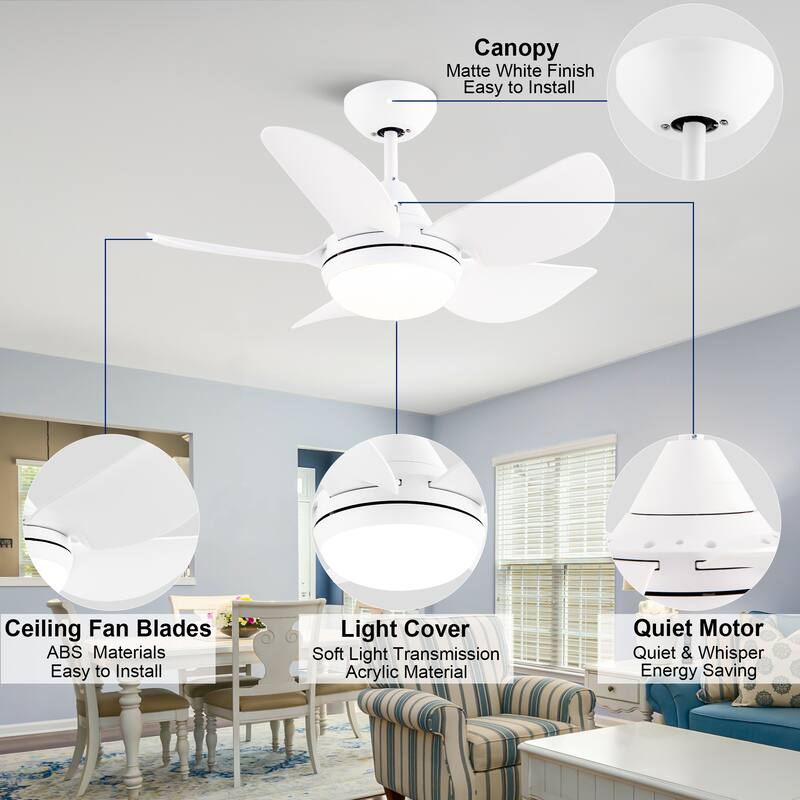 YUHAO 30 Inch Modern Matte White Indoor Flush Mount Small Ceiling Fan With LED Light and Remote Control