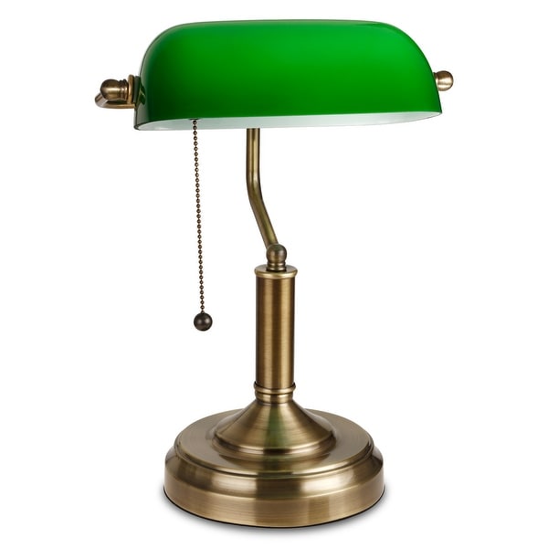 Traditional Antique Style Banker's Lamp, Emerald Green Glass, Satin Brass Finish