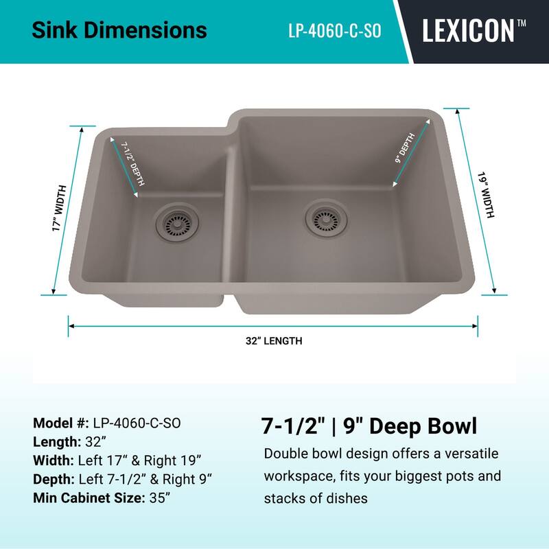 32 Inch Lexicon Platinum Quartz Composite Drop-in Undermount Galaxy Concrete - 19" W x 32" L x 9.75" H