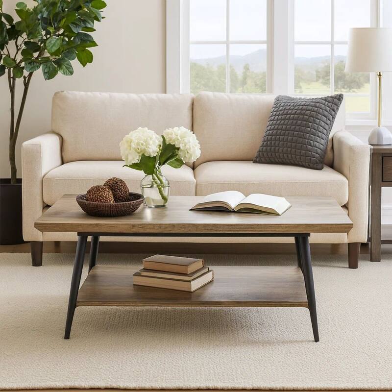 Coffee Table, 43 Inch Top, Black Metal Legs, Taupe Gray Wood Finish