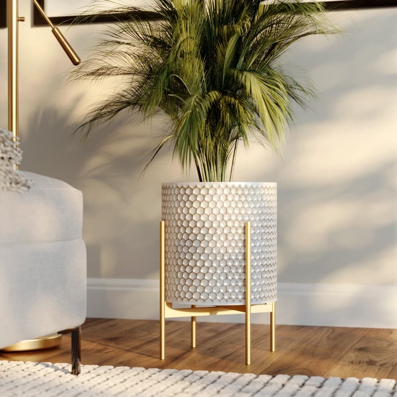Honeycomb Mid-Century Modern Indoor Metal Pot Planter with 4-Leg Metal Base - 18" H  x 13.75" W - Multi