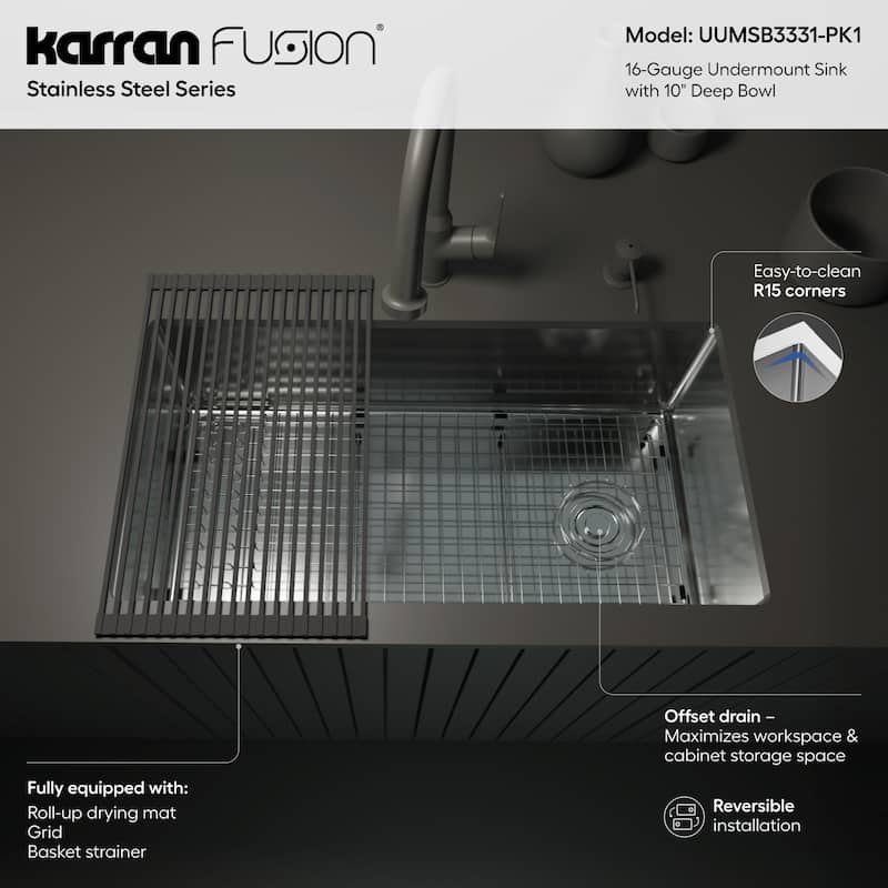 Karran USA UUMSB3331-PK1 Fusion 33" Undermount Single Basin Stainless