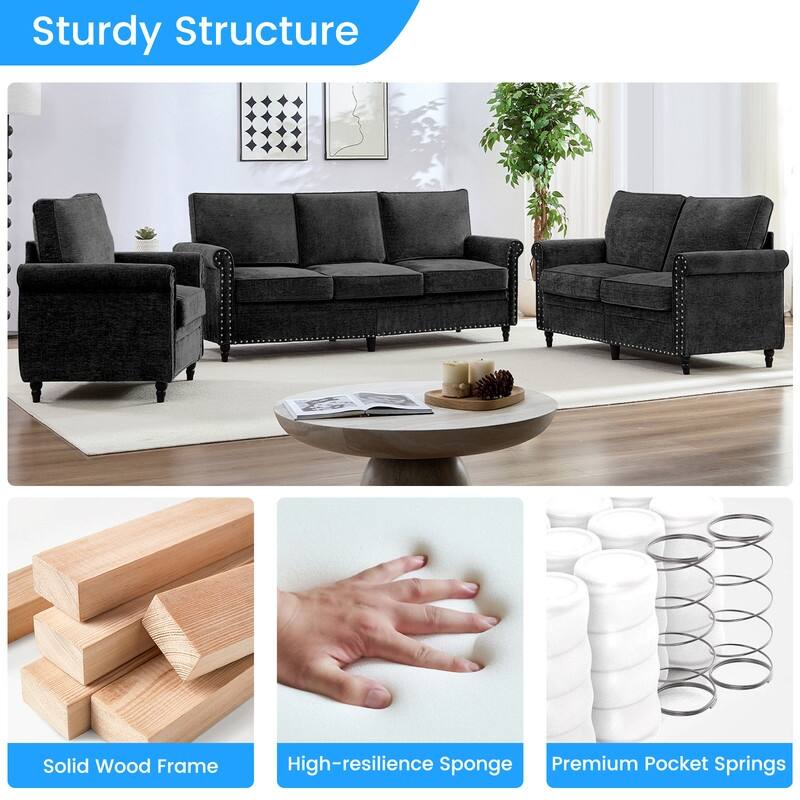 Mixoy 3Piece Chenille Living Room Sofa Set,Modern 3-Seater Sofa Couch&Loveseat Sofa&Single Sofa Armchair Set,Unique Riveted Look