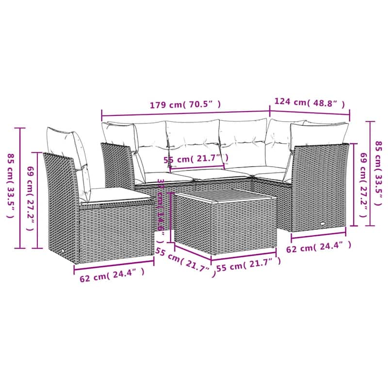 vidaXL Patio Sofa Set with Cushions Outdoor Furniture 6 Piece Poly Rattan