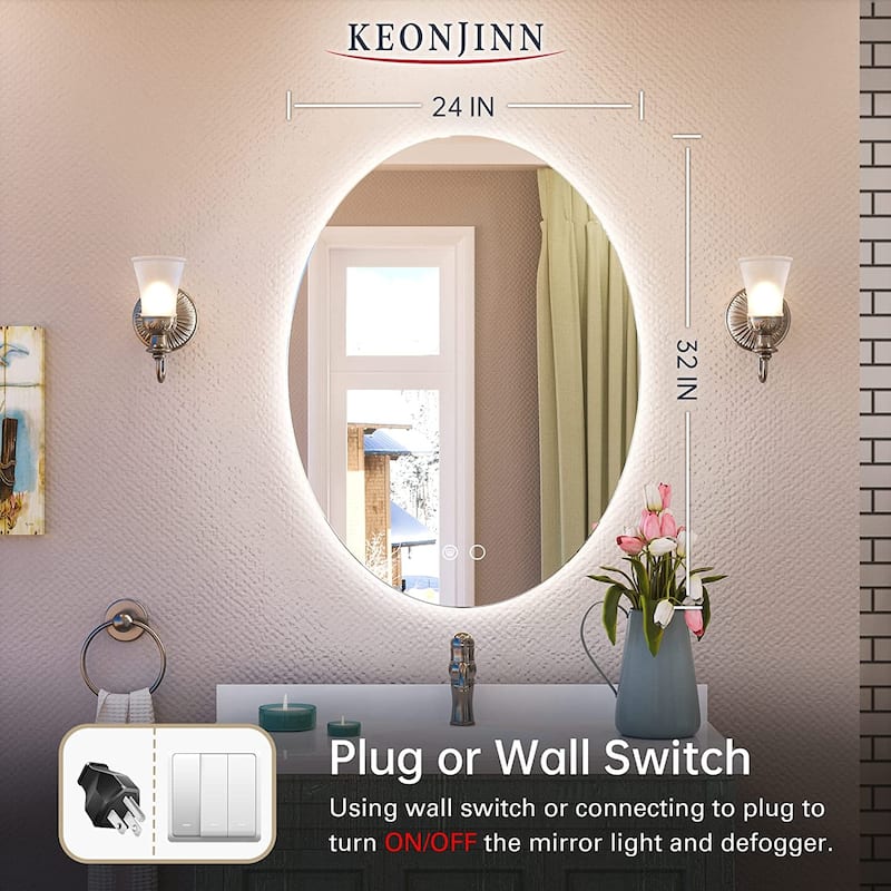 KEONJINN Oval Frameless Wall Mounted LED Bathroom Mirror Anti-Fog Dimmable
