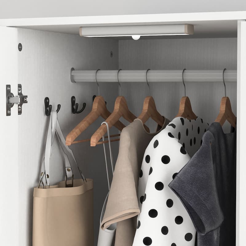 2 Door Wood Wardrobe with Hanging Clothing Rod inside the Cabinet and 2 Drawers, Multifunctional Closet with Mirror