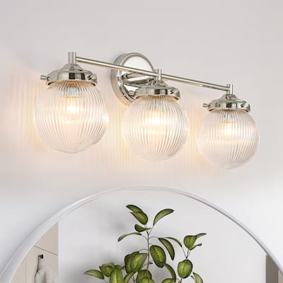 3-Light Modern Linear Ribbed Clear Glass Globe Bubble Bathroom Vanity Light over Mirror - 24.4 in. W x 9.6 in. H x 6.6 in. D