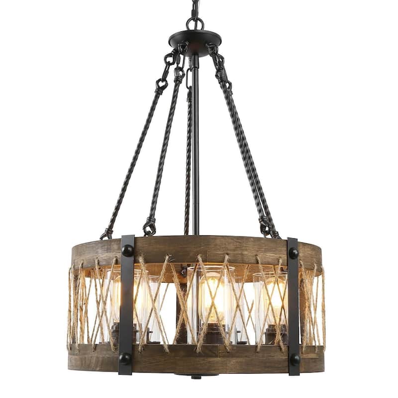 Farmhouse Rustic 5-Light Drum Wood Chandelier for Dining Living Room - D19"x H 27"