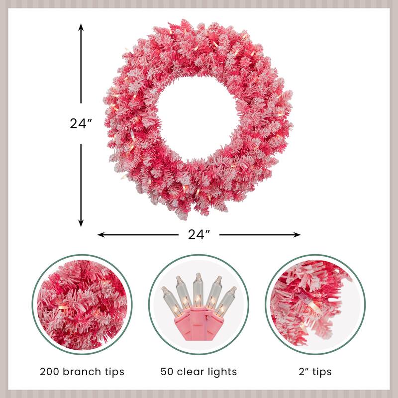 Pre-Lit Flocked Pink Artificial Christmas Wreath 24-Inch, Clear Lights