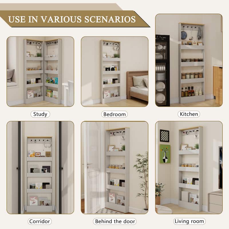 69" Tall Bookcase with 4 Shelves and 5 hooks, Wall Mounted Space-Saving Narrow storage cabinet for Living Room