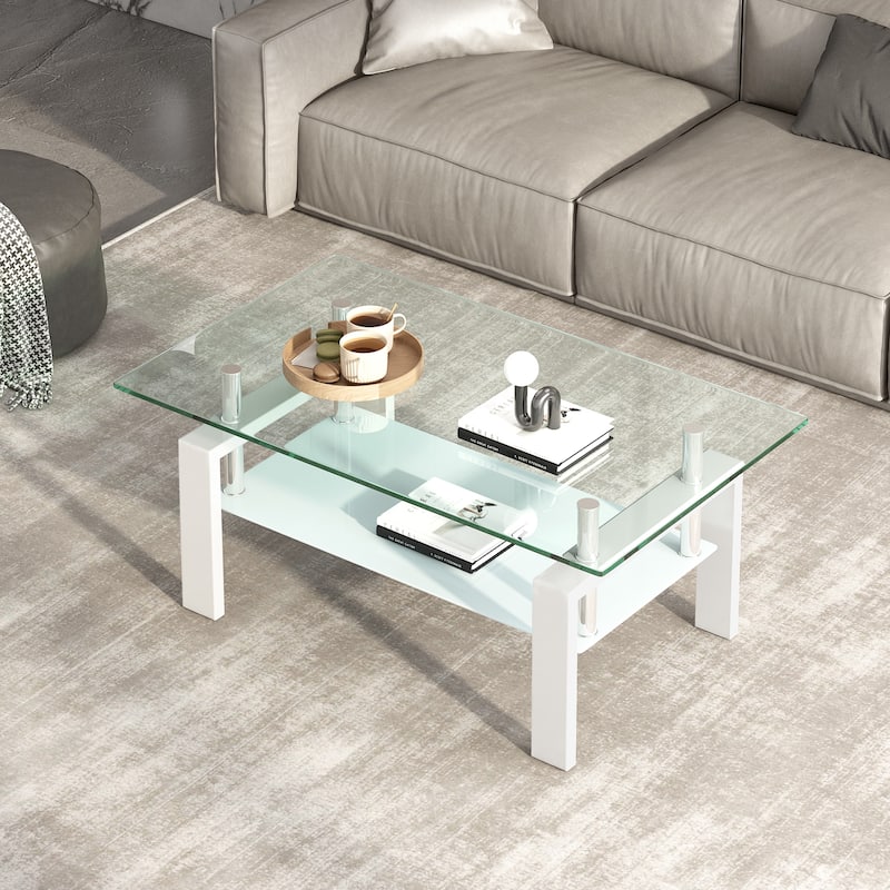 Tempered Black Glass Coffee Table, 2-Layers Tea Table, suitable for dining room, office, living room, bedroom
