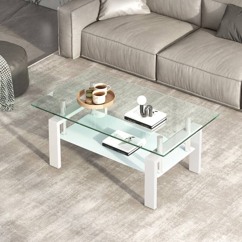 Tempered Clear Glass Coffee Table, 2-Layers Coffee Table Living Room Center Table