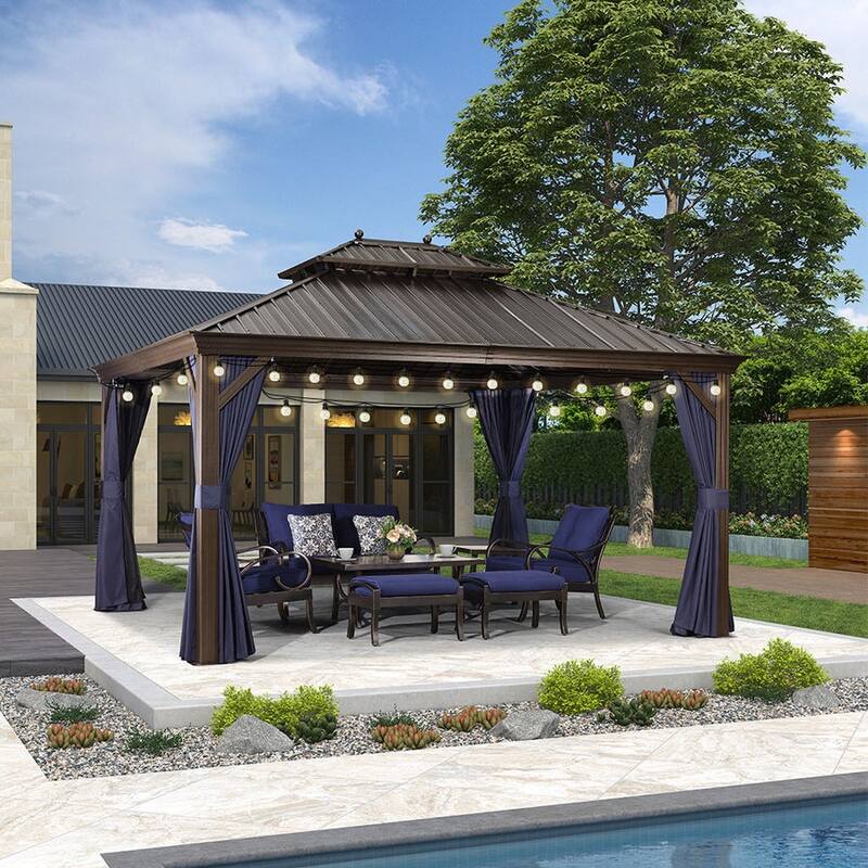 PURPLE LEAF Outdoor Gazebo Aluminum Frame Galvanized Steel Hardtop Gazebo with Bulbs
