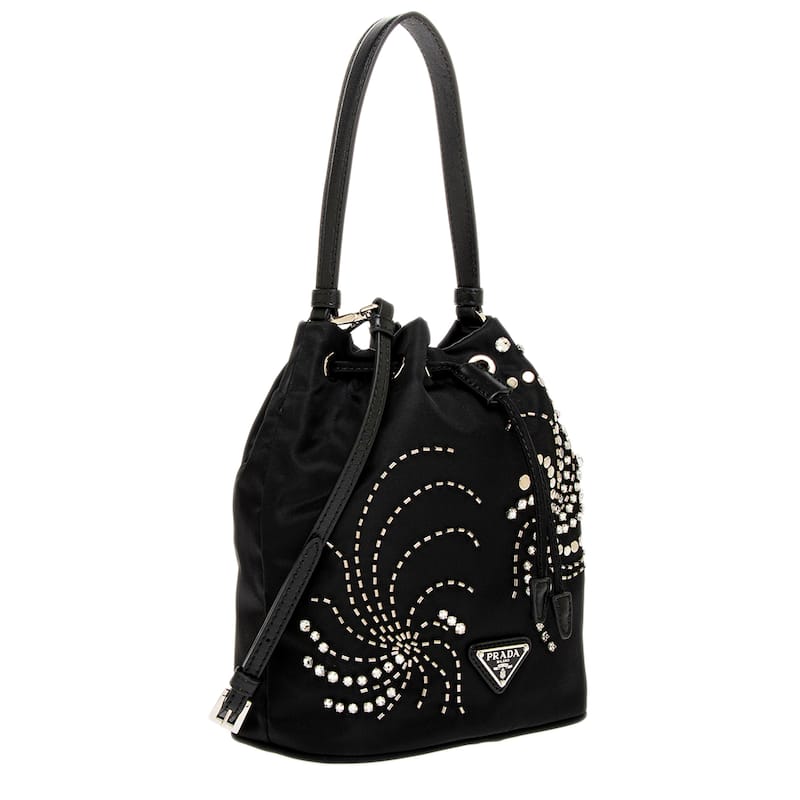 Prada Re-nylon Embroidered Bucket Bag with Detachable Strap