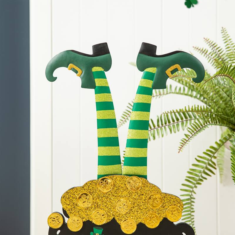 Glitzhome 24"H Wooden St. Patrick's Leprechaun Pot of Gold Porch Decor