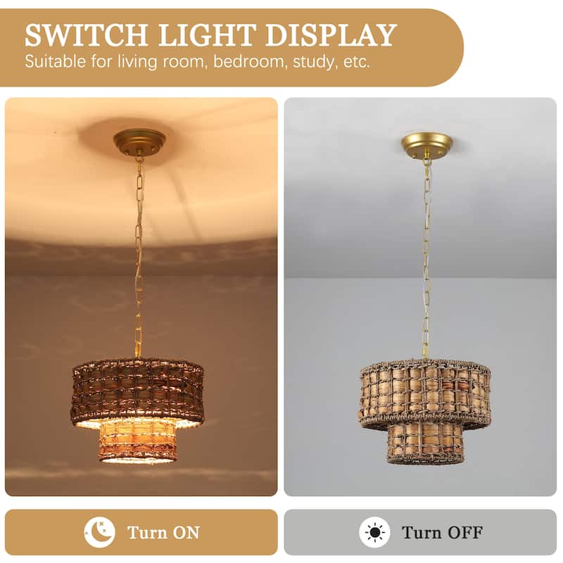 1-Light Farmhouse 2-Tier Metal Hanging Pendant Light Kitchen Island with Rattan Cover for Dining Room