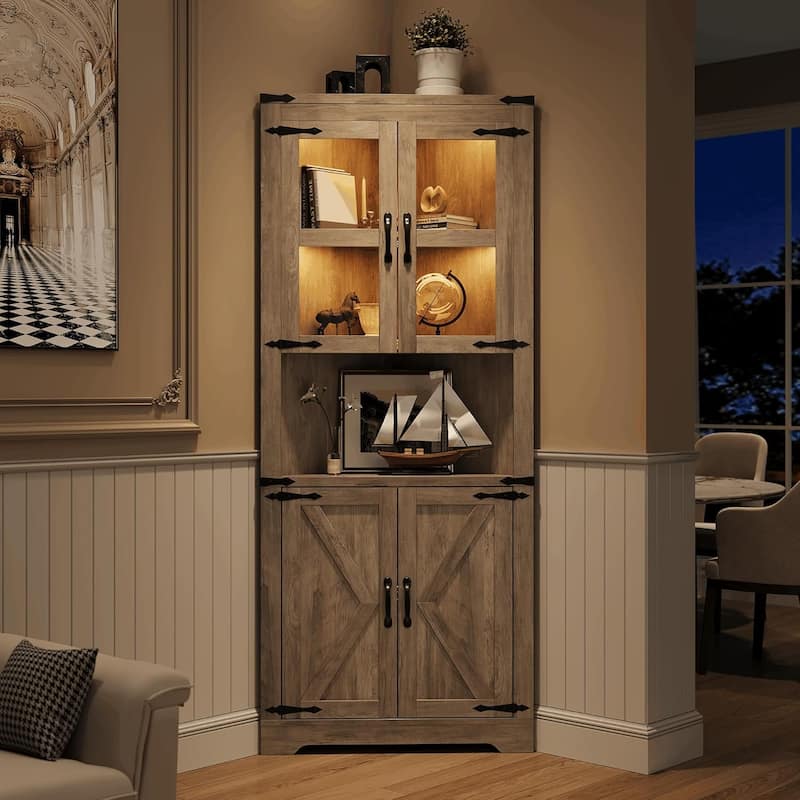 67" Tall Corner Storage Cabinet with Lights, Farmhouse Corner Hutch Display Cabinet with Glass Doors