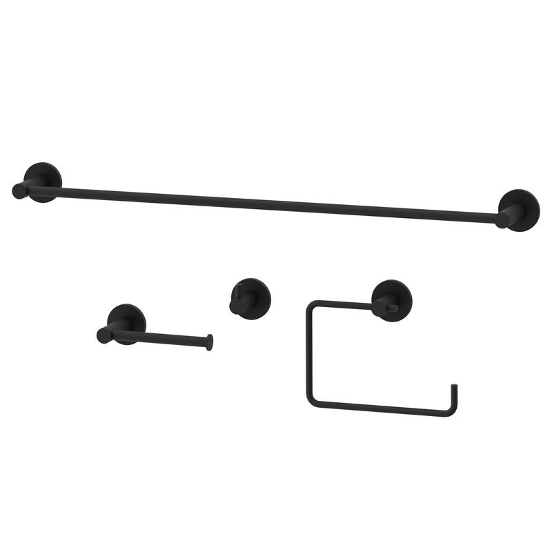 VIGO Cass 4-Piece Bathroom Hardware Accessory Set with 24 in. Towel Bar, Toilet Paper Holder, Hand Towel Holder, Hook - Matte Black