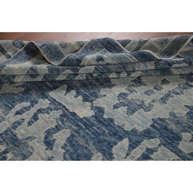 Hand Knotted Oriental 100% Wool Carpet Transitional All-Over Navy Blue & Blues Oushak Area Rug - 11' 10'' X 7' 11''