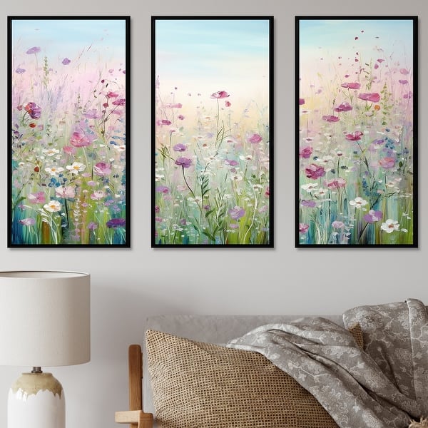 slide 2 of 13, Designart "Wild Flowers Meadows" Flower Field Framed Art Set of 3 - Traditional Wall Art Set Purple Wall Decor 3 Pieces 36 in. W x 28 in. H - 3 Panels - Black