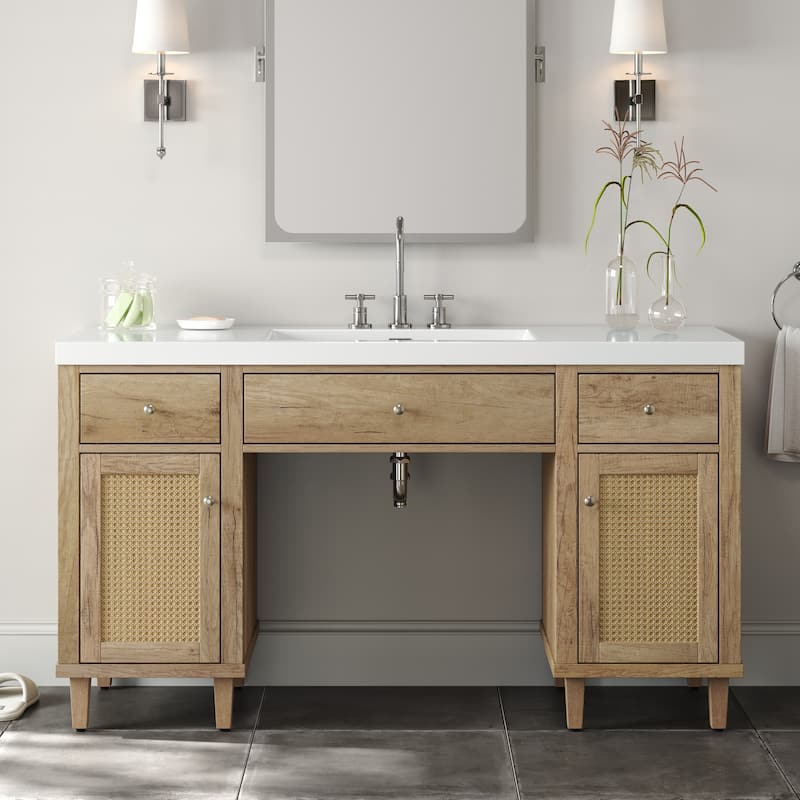 60 Inch ADA Bathroom Vanity with SMC Sink, Soft Close Drawers & Tip-Out Tray - Wood