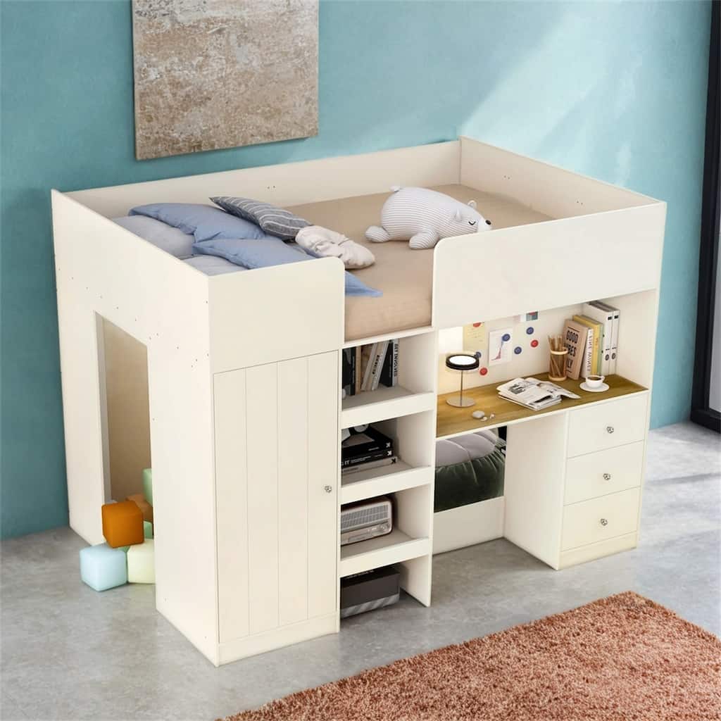 Wood Full Size Loft Bed with Built-in Wardrobe,Desk,Storage Shelves