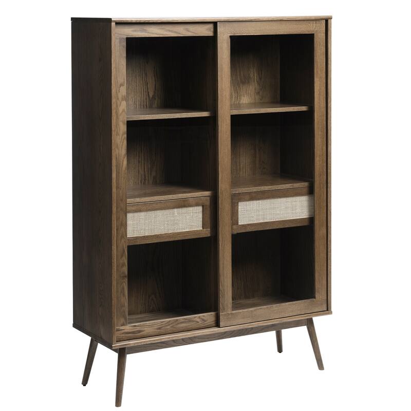 Rye Studio Bailyn Modern Oak and Rattan Sliding Glass Door Cabinet, Smoked Oak