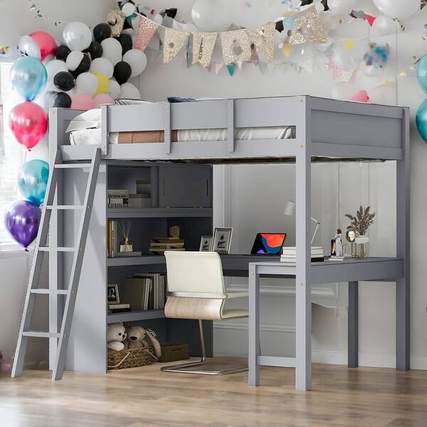 slide 2 of 35, Full Size Loft Bed with Desk and Shelf,Solid Construction for Home Grey