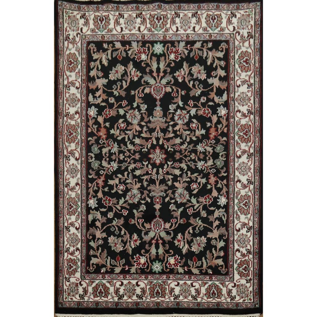 Hand Knotted Oriental 100% Wool Carpet Traditional All-Over Black Agra Area Rug - 6' 1'' X 4' 0''