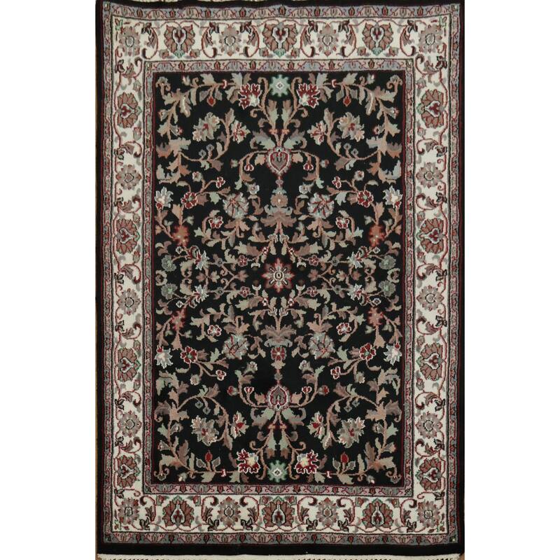 Hand Knotted Oriental 100% Wool Carpet Traditional All-Over Black Agra Area Rug - 6' 1'' X 4' 0''