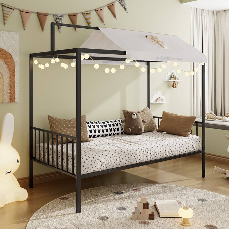 3-in-1 Convertible Metal Bed for Kids, Toddler Floor Bed, Fenced Bed and Montessori Elevated Bed with House-shaped Frame
