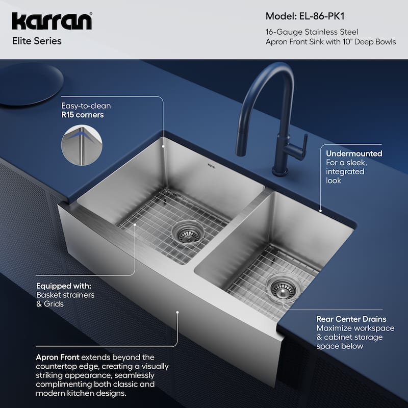 Karran Farmhouse Apron Front Stainless Steel 33 in. Double Bowl Kitchen Sink Kit