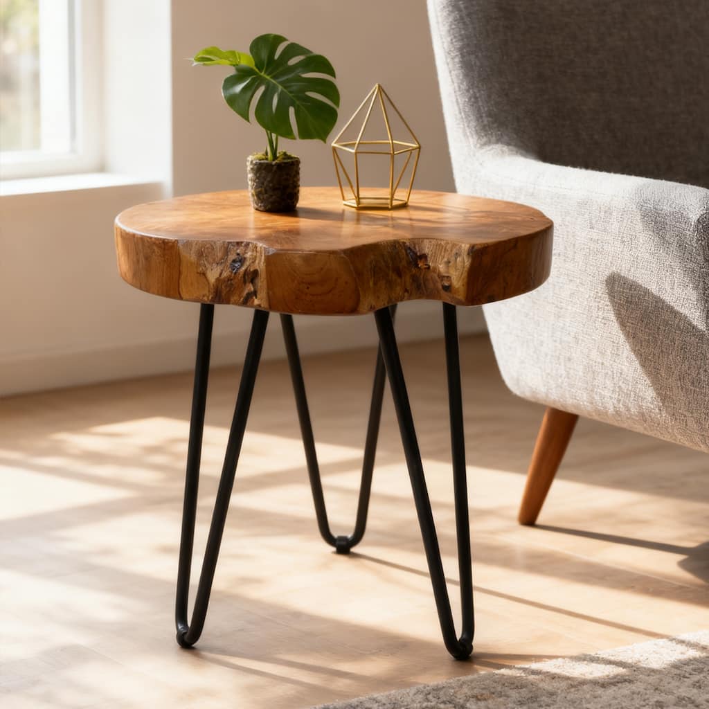 Round Natural Unique Shape Teak Wood End Table with Iron Legs