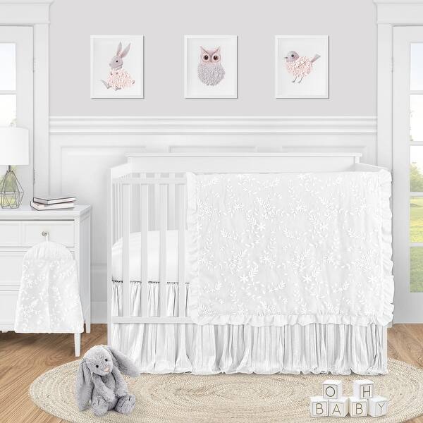slide 2 of 6, White Floral Vintage Lace Girl 4pc Nursery Crib Bedding Set - Solid Velvet Luxurious Elegant Princess Boho Shabby Chic Luxury
