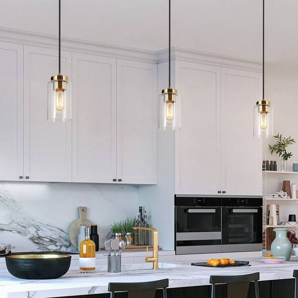 slide 2 of 14, Modern Black Gold 1-Light Cylinder Glass Island Pendant Lights for Dining Room - 4.5" D x 7.5" H
