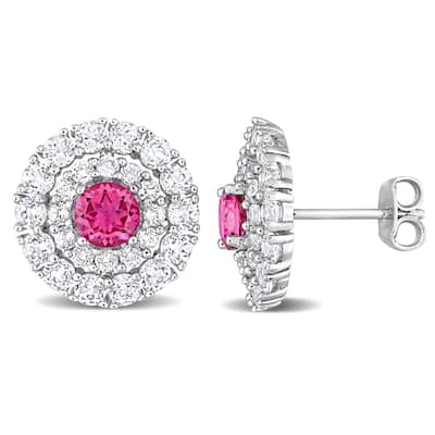 Miadora 4 3/8ct TGW Pink Topaz and White Topaz Halo Stud Earrings Sterling Silver