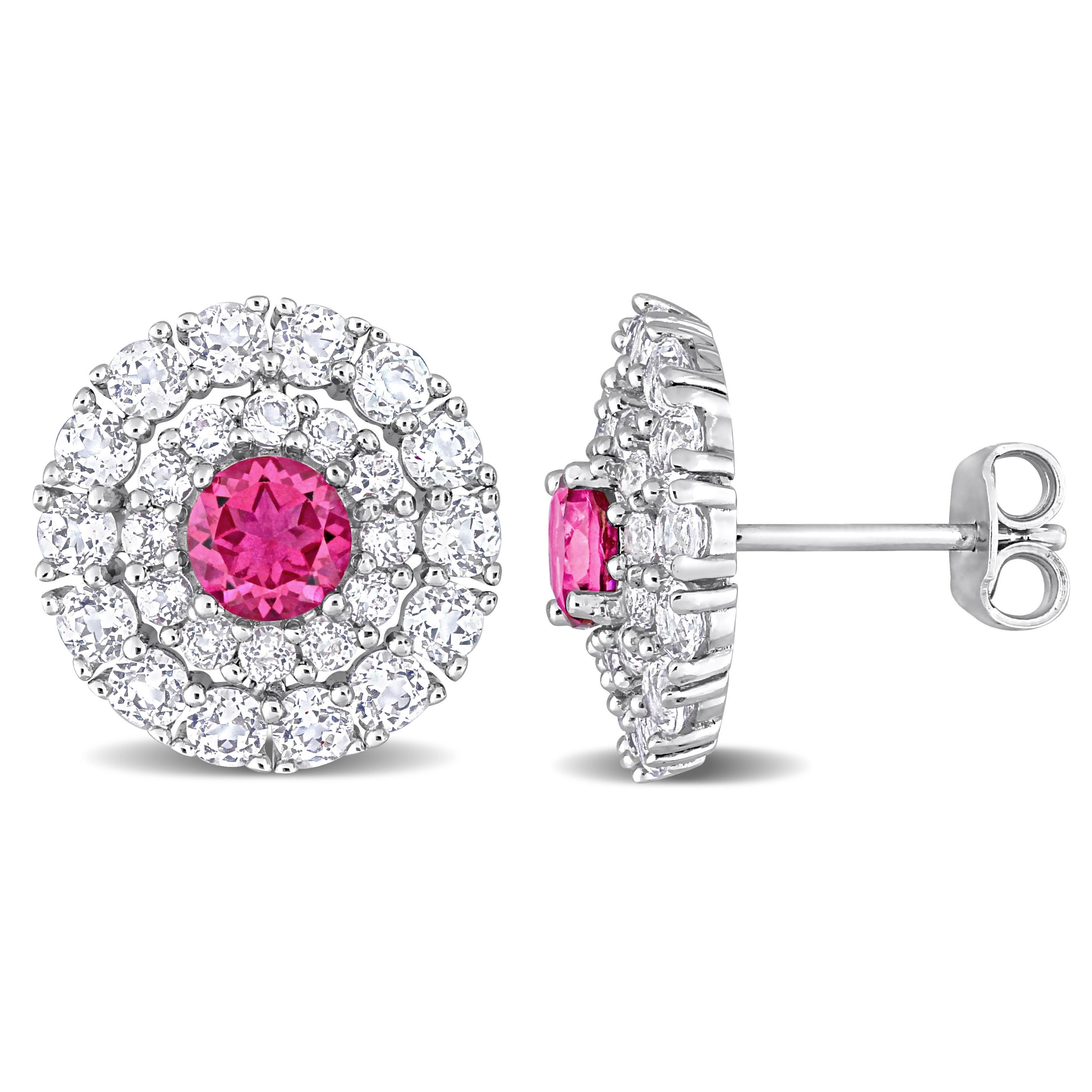 Miadora 4 3/8ct TGW Pink Topaz and White Topaz Halo Stud Earrings Sterling Silver