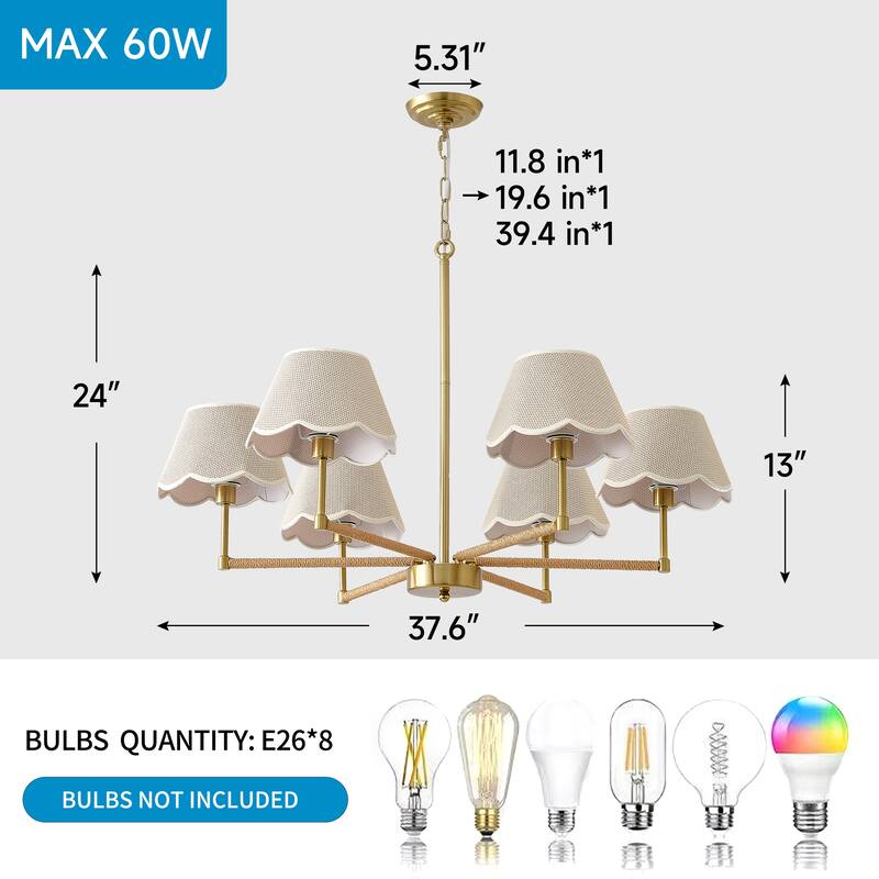 6-Light Rope + Fabric shade Chandelier,Gold Chandelier,Romantic Golden,Adjustable Pendant Lights Project Lighting - Gold