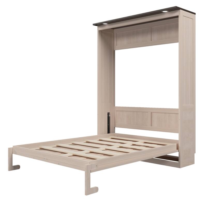 GDFStudio - Queen Wooden Murphy Bed with LED, Solid Wood Frame & Legs