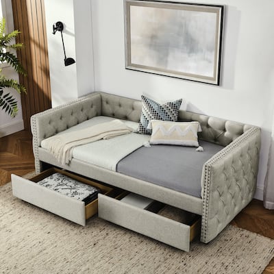 Tufted Daybed Upholstered Frame Sofa Bed with Button Copper Nail on Square Arms, and Pull-out Trundle Bed or Storage Drawers