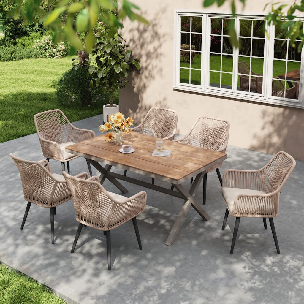 7-Piece Outdoor Dining Set - Iron Frame with Cross Wicker Back Chairs & X-Base Table