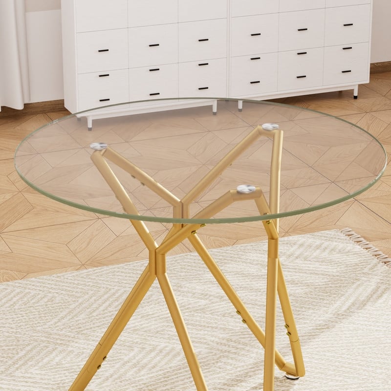 Gold Modern Tempered Glass Dining Table with Metal Legs for Kitchen, Living Room