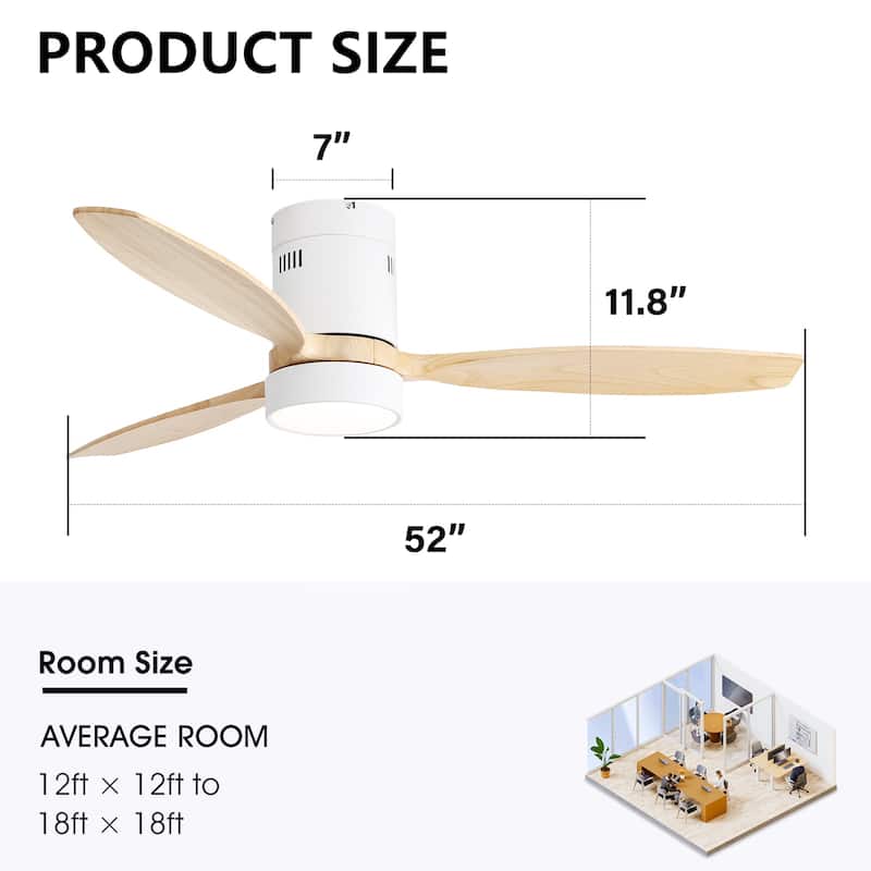 52 Inch Flush Mount Wood Blades White Ceiling Fan Reverse Airflow,6 Wind Speed,Remote Control